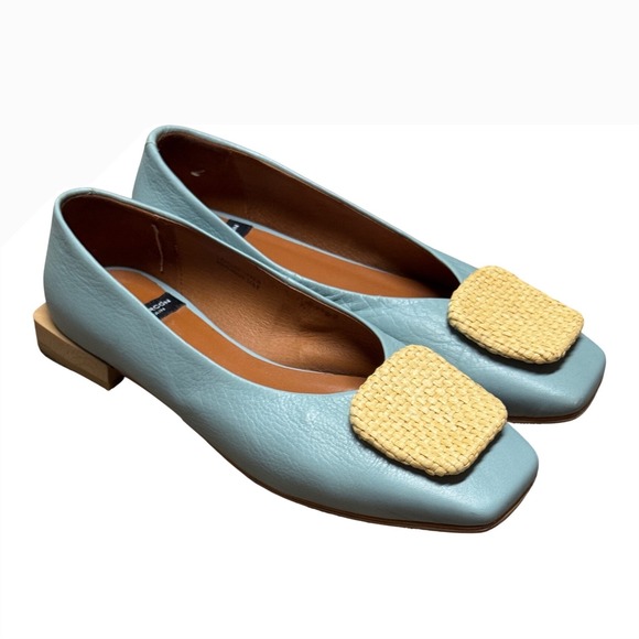 Angel Alarcon Shoes - Angel Alarcon Light Blue Leather Square Toe Flats Woven Buckle Made in Spain
